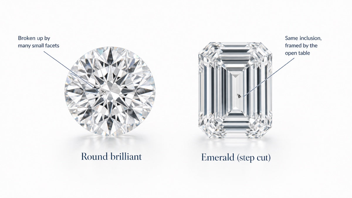 Two diamonds face-up side by side, a round brilliant and an emerald cut of similar size, each with an identical small dark crystal just off center. In the round it is broken up by facet reflections; in the emerald cut it is clearly visible through the large flat table.