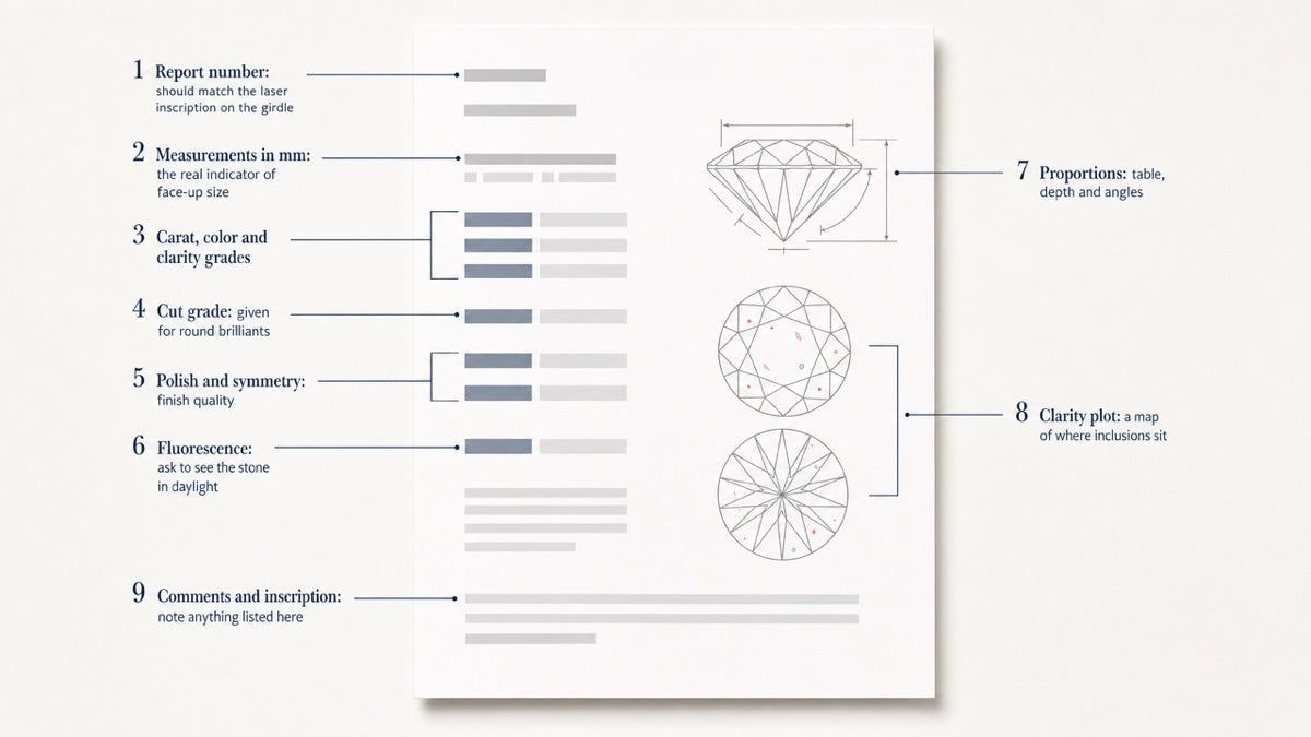 Simplified illustration of a GIA diamond grading report with callouts pointing to the report number, measurements, the 4Cs grades, polish and symmetry, fluorescence, the proportions diagram, the clarity plot and the inscription line.