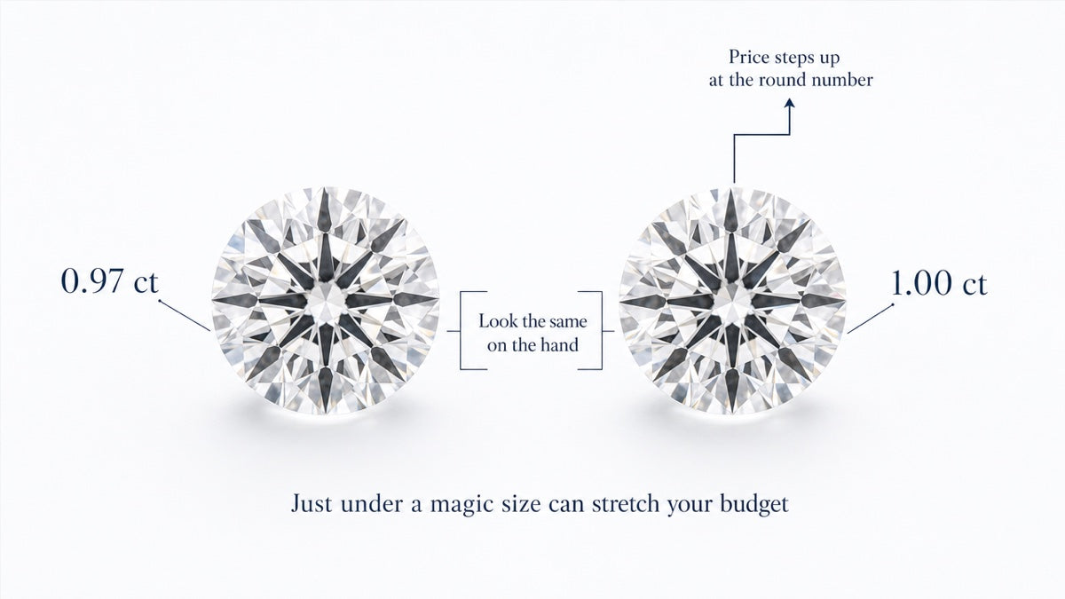 Two round brilliant diamonds shown face-up side by side at nearly identical size, labeled 0.97 carat and 1.00 carat, with a note that the price steps up at the round number.