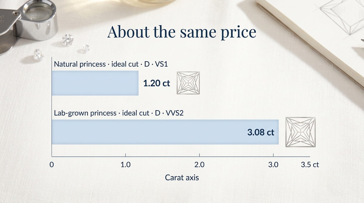 Bar chart comparing a 1.20 carat natural princess diamond and a 3.08 carat lab-grown princess diamond priced about the same.