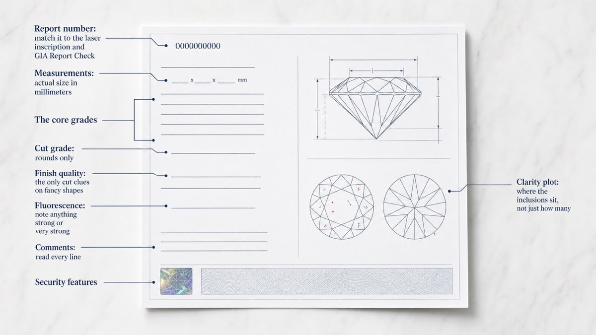 An illustrated GIA-style diamond grading report with callouts pointing to the report number, measurements, the 4Cs grades, polish and symmetry, fluorescence, the clarity plot and the security features.